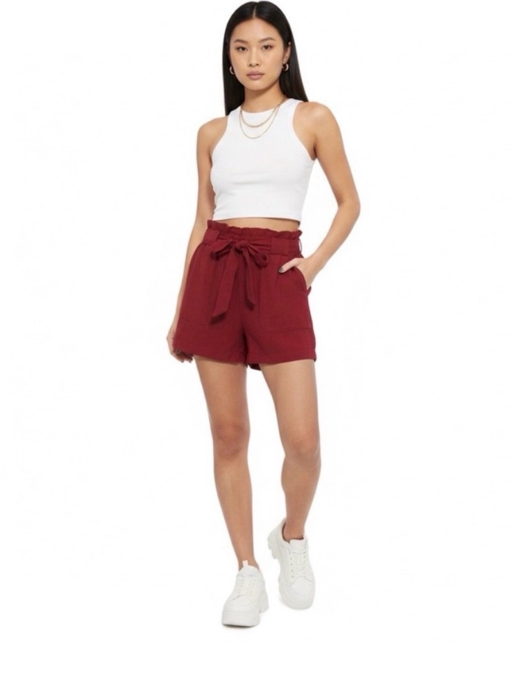 Women's Paperbag Tie-Waist Shorts in Burgundy New With Tags - M